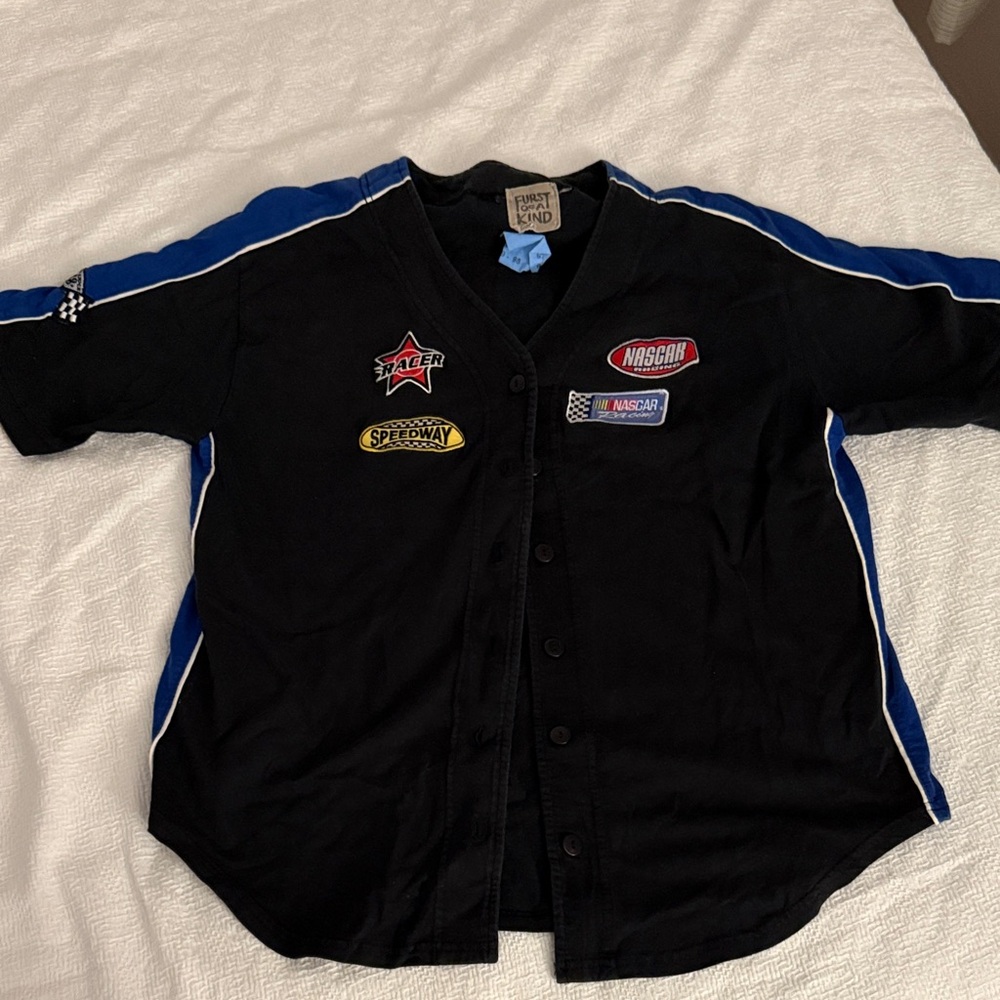 Vintage Black and Blue Racing Patch Button-Up Top